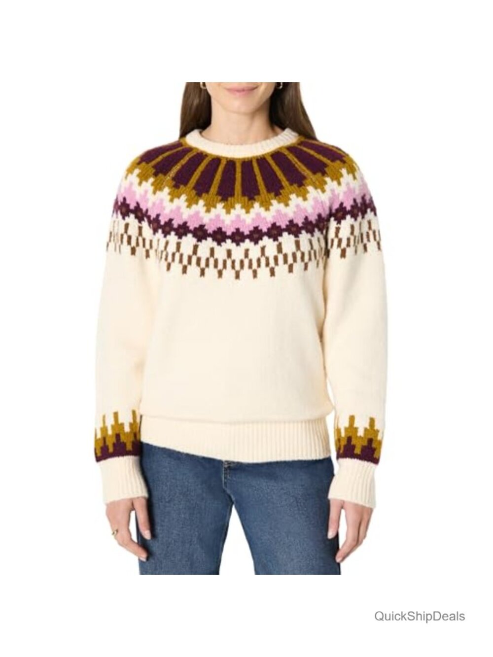 Essentials Women's Oversized Fit Fair Isle Crewneck Cotton-Blend Sweater